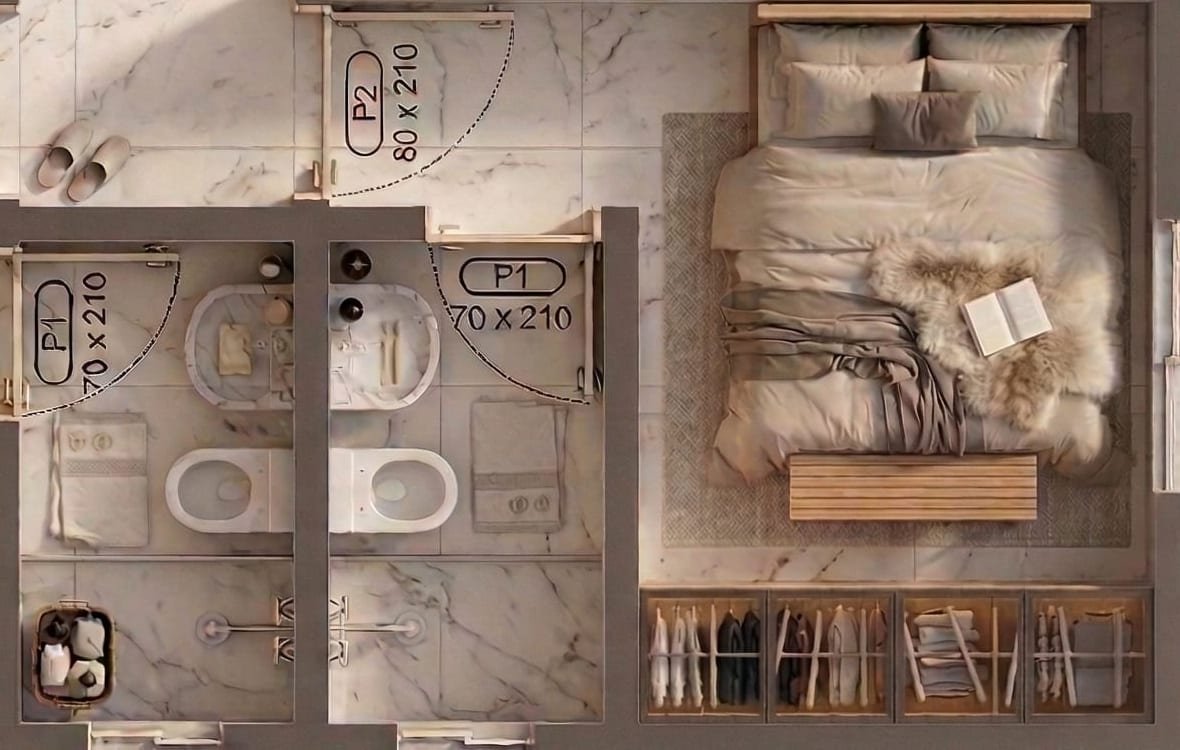 Detalhe da planta humanizada mostrando os banheiros das suítes
