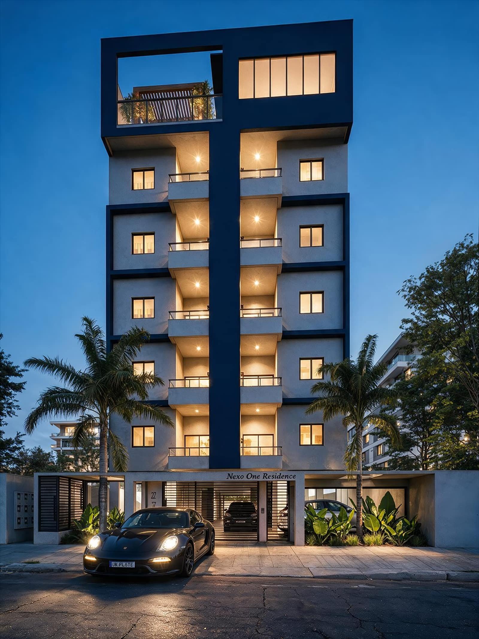 Nexo One Residence · fachada iluminada à noite