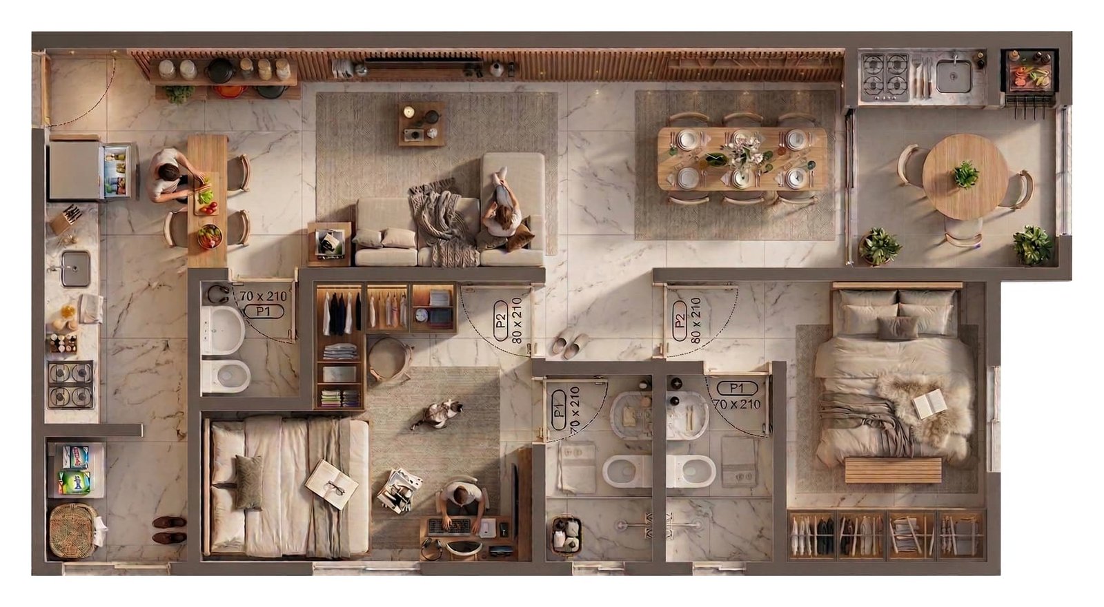 Planta humanizada do apartamento de 2 suítes com 67,26 m²