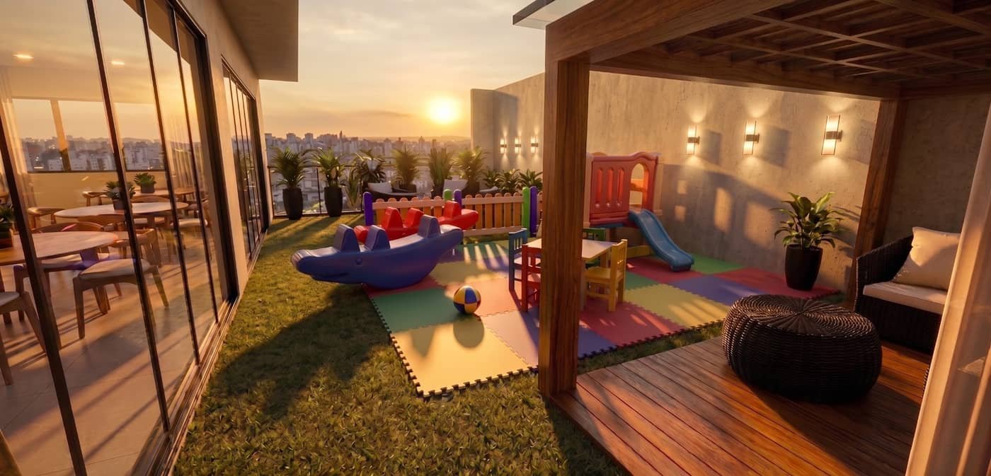 Rooftop na cobertura com espaço infantil e vista aberta