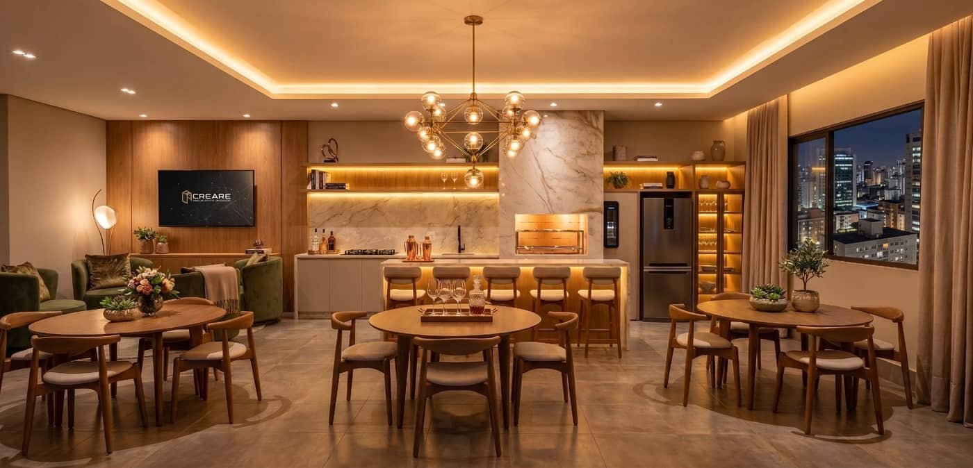 Salão de festas com cozinha de apoio e vista da cidade